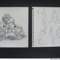 Obdachloser mit Hund und Aktzeichnungen