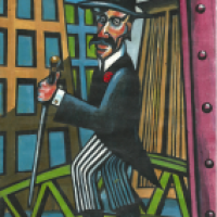 Mann auf der Brücke mit rotem Kran